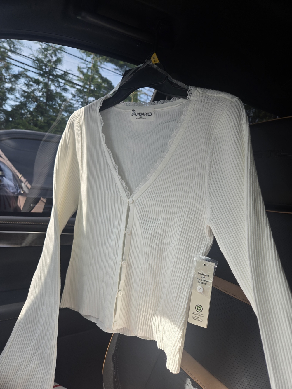 No Boundaries Cream Ribbed Button-Front V-Neck Top